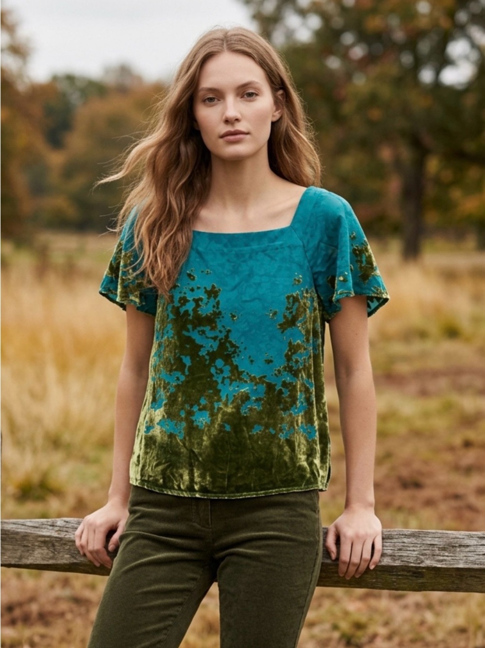 Maeve Anthropologie Ombré Shimmer Velvet Burnout Boatneck Flutter Sleeve Top